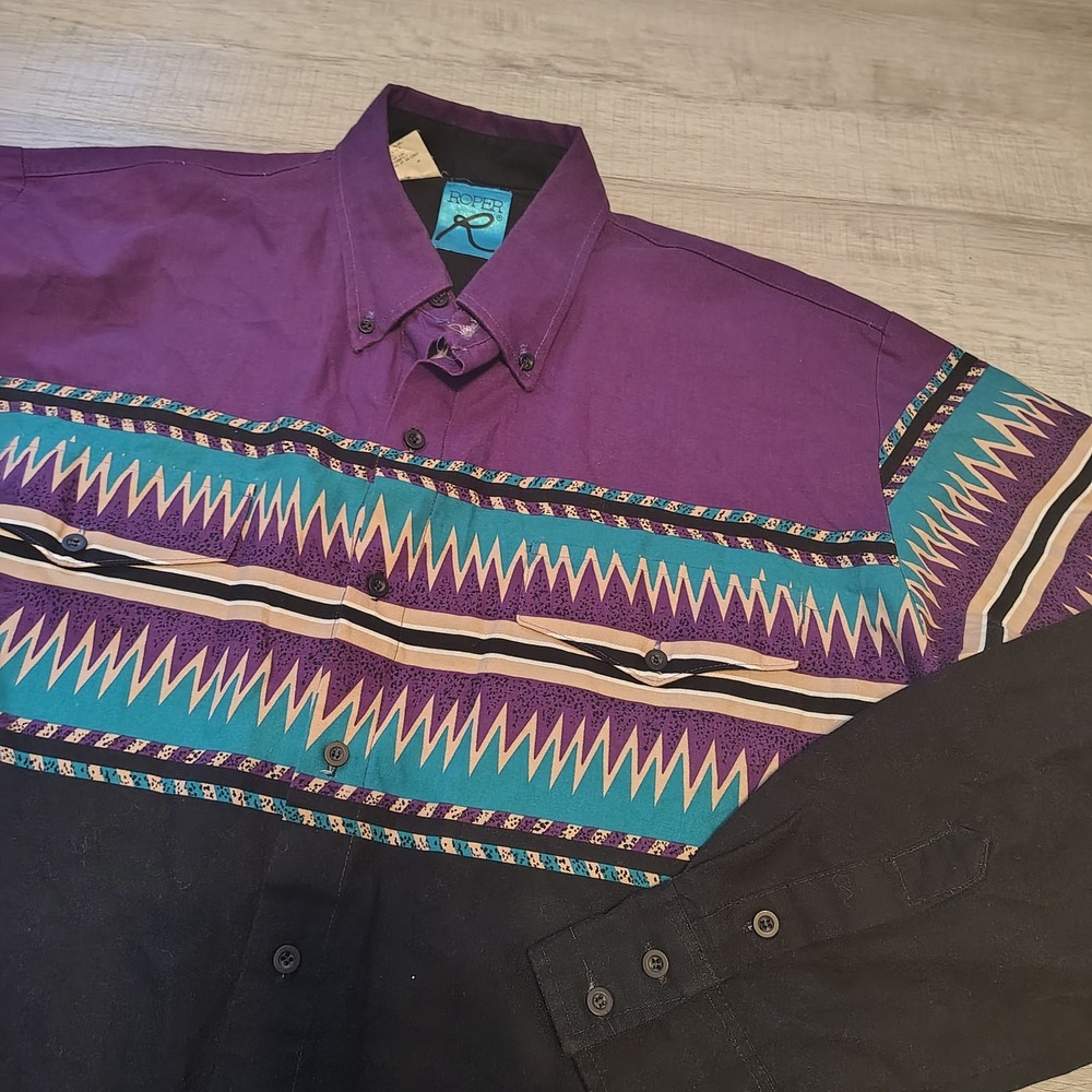 Vintage Roper Western Shirt Mens LT Purple Aztec Geometric Made in USA